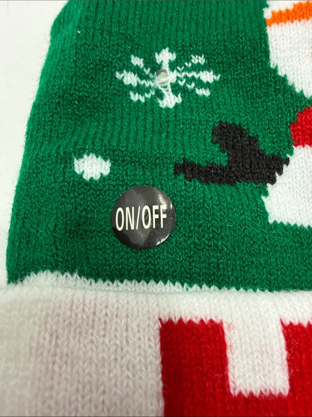 Green Holiday Light Up Snowman Pom-Pom Beanie Hat with 'HO HO' Cuff